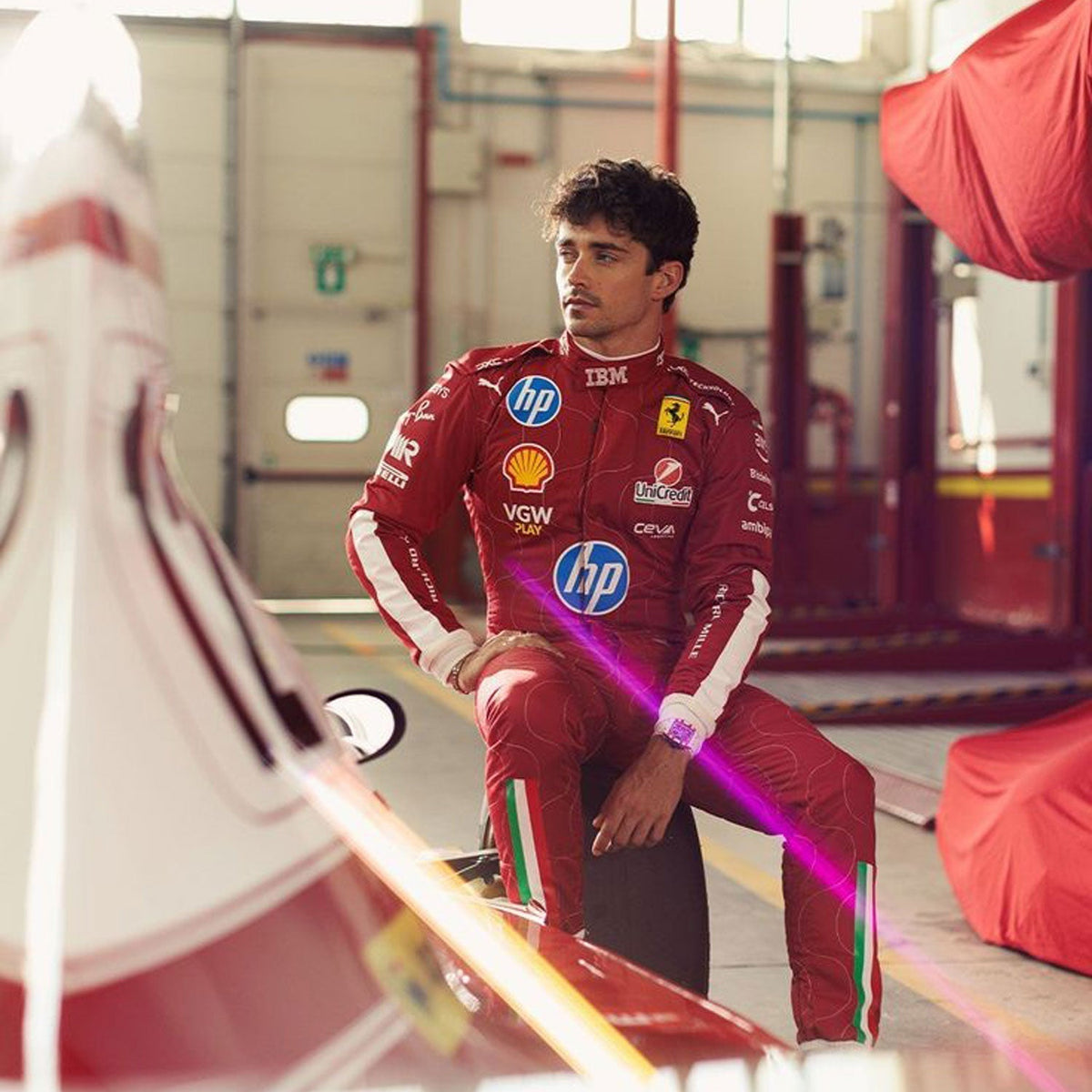 Charles Leclerc 2025 Italian GP Monza racing costume, showcasing the full-length zip, shoulder epaulettes and race-day silhouette. A bold motorsport jumpsuit that makes a great cosplay outfit on grand prix weekend.