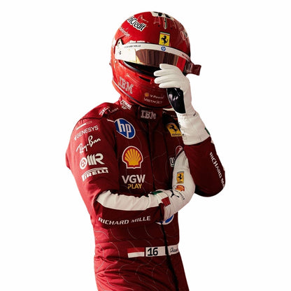 Charles Leclerc inspired motorsport jumpsuit, presented with detailed logo placement along the arms and legs. Stylish racing attire for fans who want to dress like the grid on grand prix weekend.