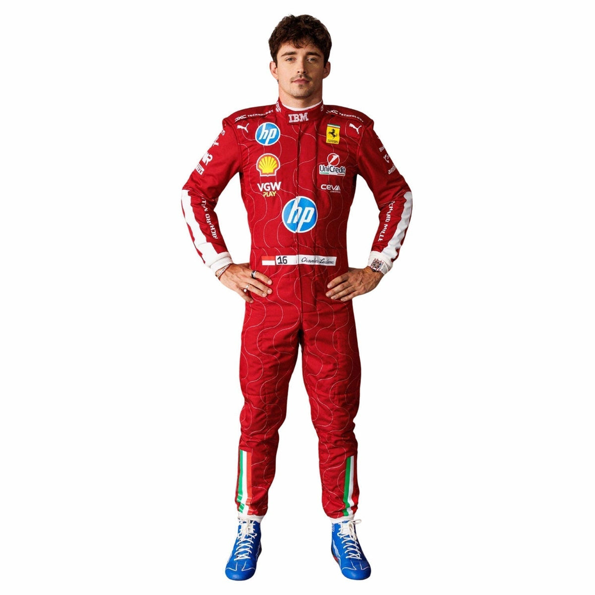 Replica Race Costume Charles Leclerc 2025 Italian Grand Prix in Ferrari race styling, showing sharp sponsor-style graphics across the chest and sleeves. A great F1 cosplay outfit for fans heading to a grand prix, a karting session or a themed party.