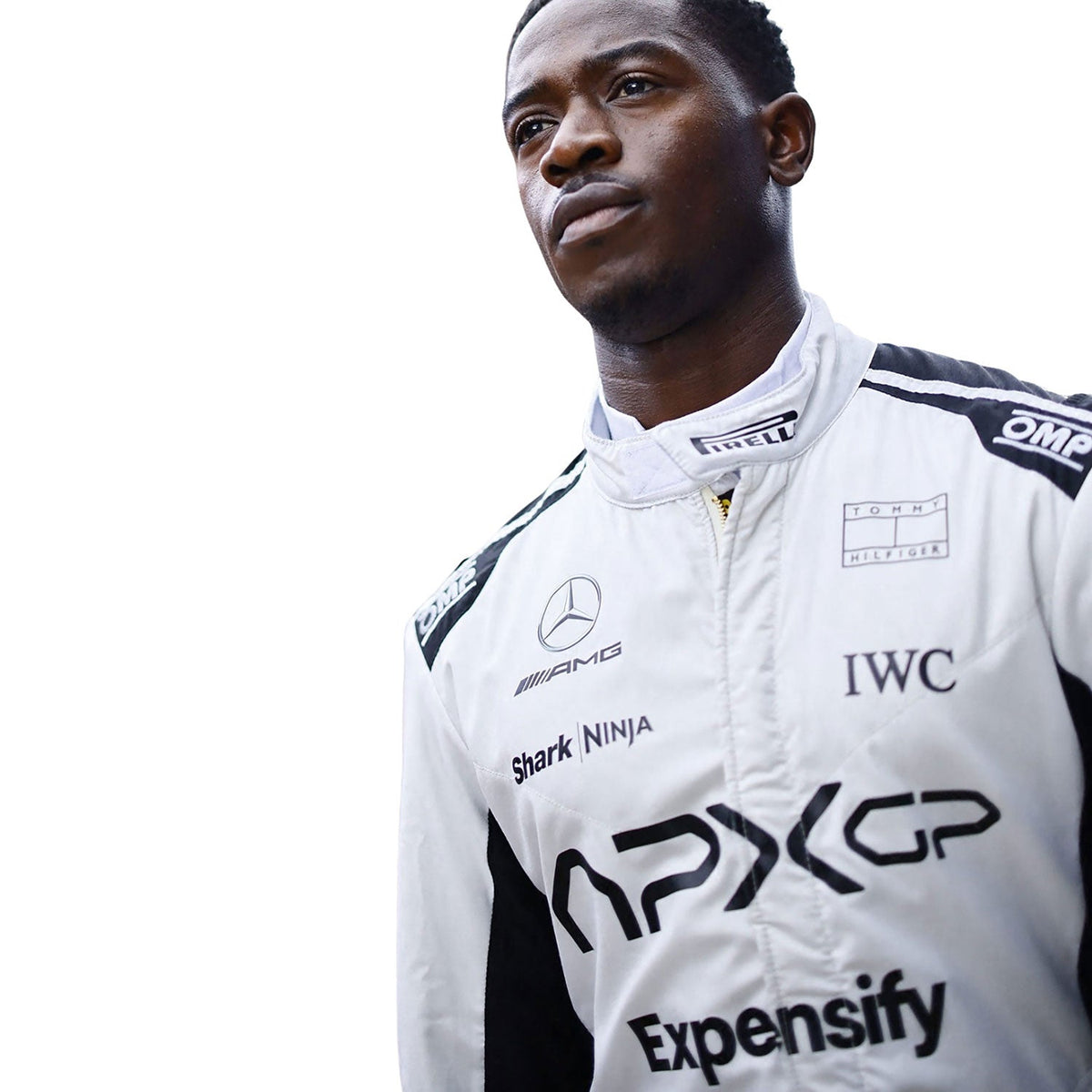 Joshua Pearce F1 movie racing costume, highlighting bold colour blocking and crisp sublimated artwork. Racing attire built to turn heads in the grandstand, at the kart track or at a costume event.