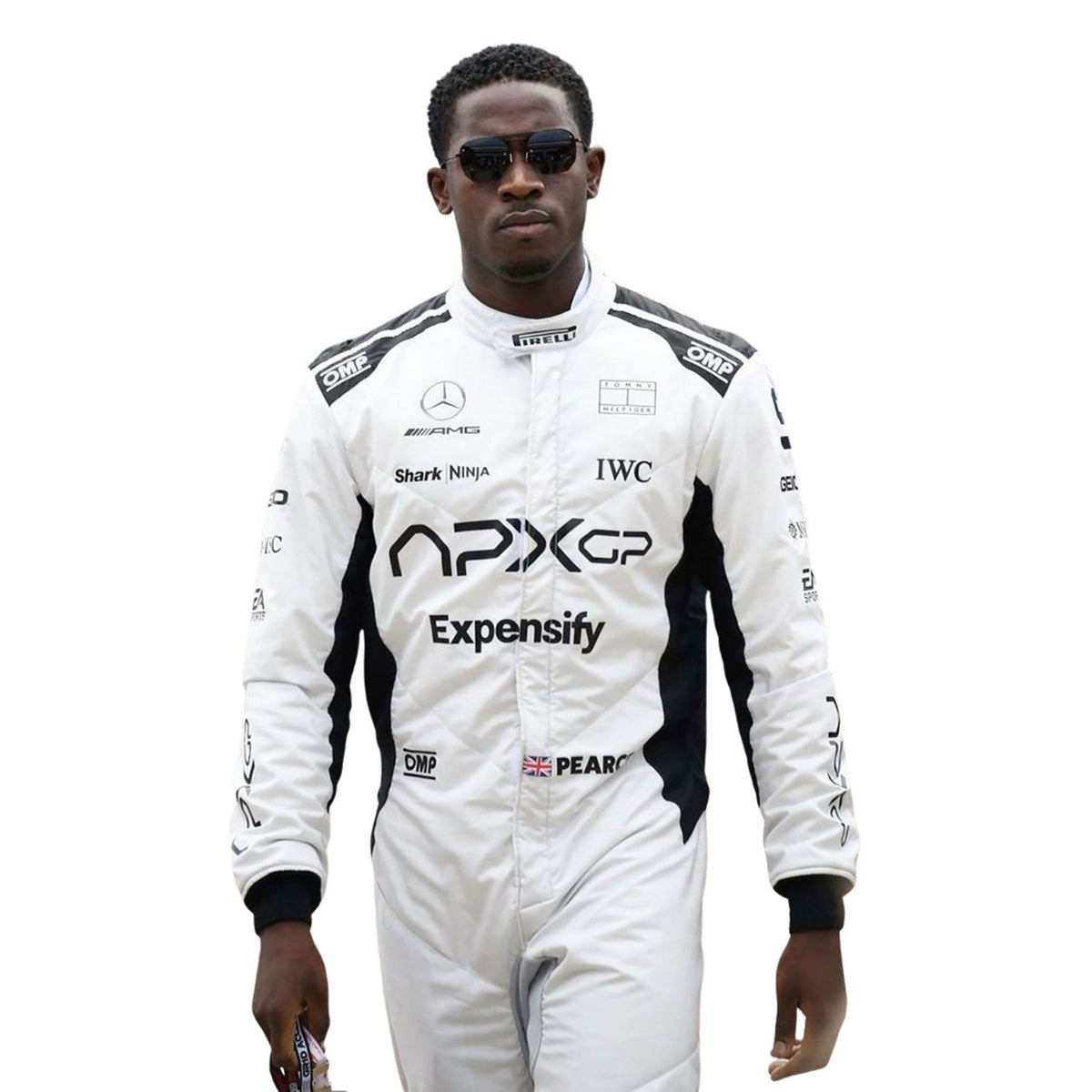 APXGP F1 movie race suit worn in Joshua Pearce style, displaying the fitted one-piece cut with elasticated cuffs and a soft collar. A standout motorsport cosplay outfit and gift for any fan, karter or collector.