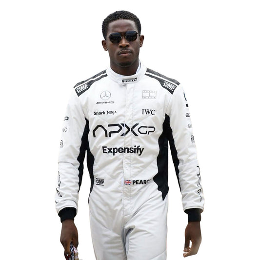 APXGP F1 movie race suit worn in Joshua Pearce style, displaying the fitted one-piece cut with elasticated cuffs and a soft collar. A standout motorsport cosplay outfit and gift for any fan, karter or collector.