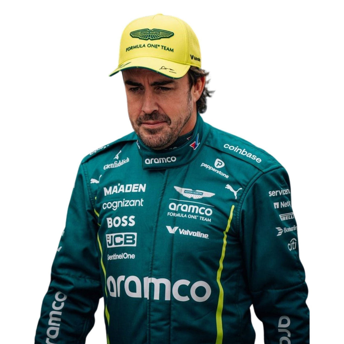 Fernando Alonso 2025 season racing costume, displaying the fitted one-piece cut with elasticated cuffs and a soft collar. A head-turning cosplay outfit for F1 conventions, parties and race day meetups.