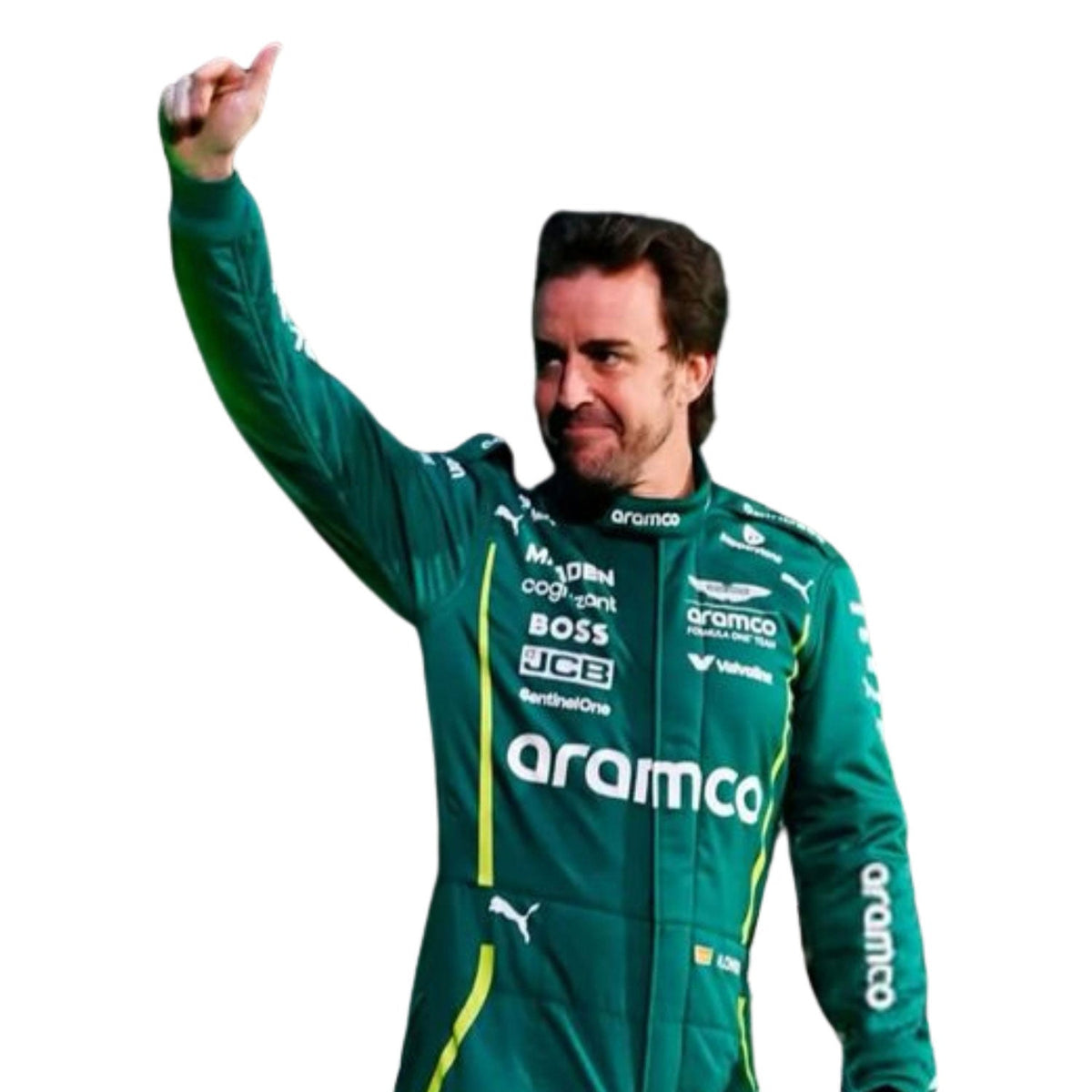 Aston Martin race suit worn in Fernando Alonso style, presented with detailed logo placement along the arms and legs. A comfortable racing jumpsuit for F1 fans, kart track days and themed parties.