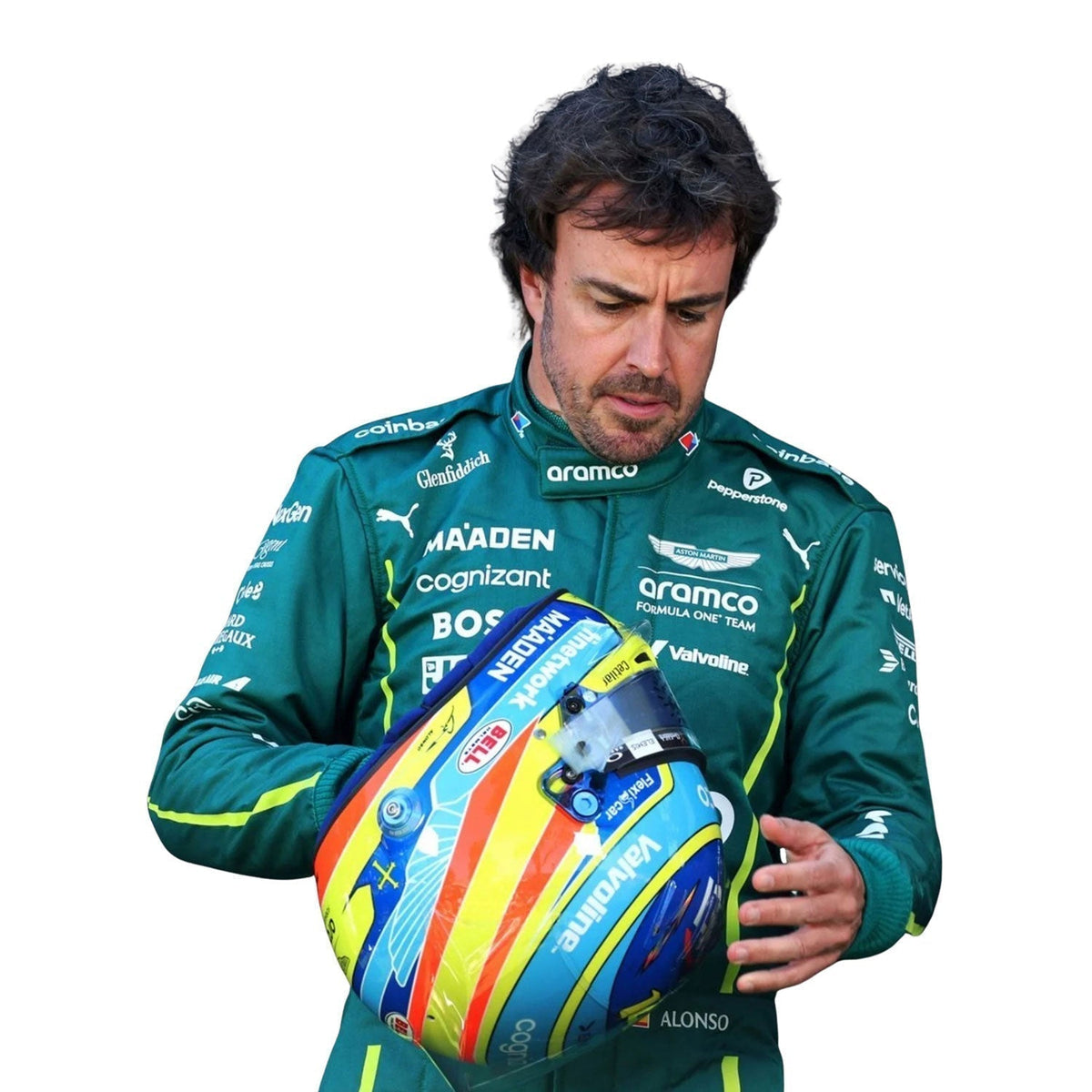 Fernando Alonso 2025 fan race suit, showcasing the full-length zip, shoulder epaulettes and race-day silhouette. A great F1 cosplay outfit for fans heading to a grand prix, a karting session or a themed party.