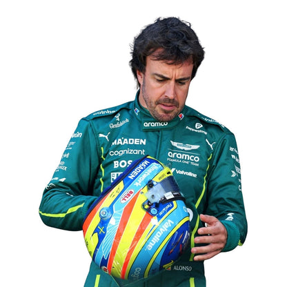 Fernando Alonso 2025 fan race suit, showcasing the full-length zip, shoulder epaulettes and race-day silhouette. A great F1 cosplay outfit for fans heading to a grand prix, a karting session or a themed party.