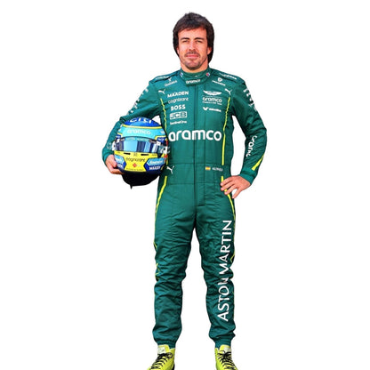 Printed Aston Martin 2025 racing outfit for Fernando Alonso fans, revealing the flexible elastic panel and tailored motorsport fit. Perfect grand prix attire for fans who want a race-ready look at the circuit or at home.