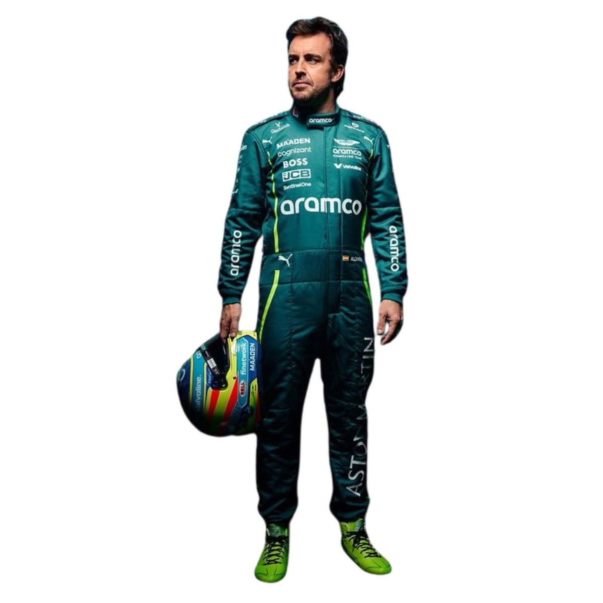 Grand Prix Racing Costume Fernando Alonso 2025 in Aston Martin race styling, capturing the smooth Cordura outer shell and clean printed finish. A bold motorsport jumpsuit that makes a great cosplay outfit on grand prix weekend.