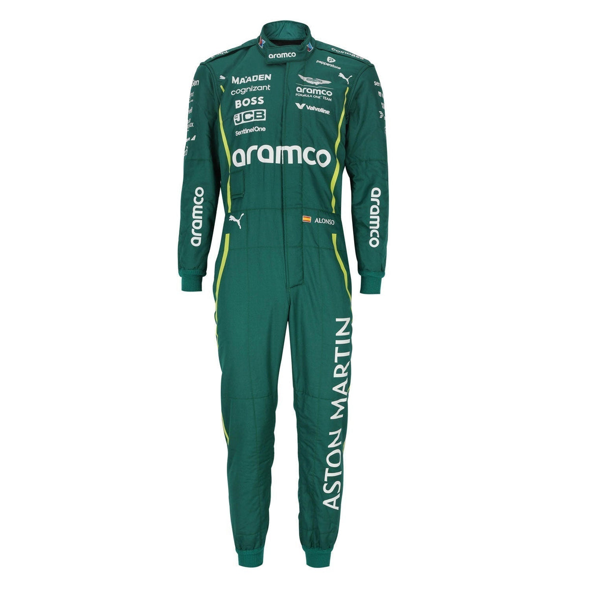 Fernando Alonso 2025 season grand prix suit, laid out to show the printed racing number, belt panel and stretch inserts. An eye-catching cosplay outfit for watch parties, track days and motorsport meetups.