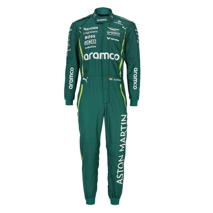 Fernando Alonso 2025 season grand prix suit, laid out to show the printed racing number, belt panel and stretch inserts. An eye-catching cosplay outfit for watch parties, track days and motorsport meetups.