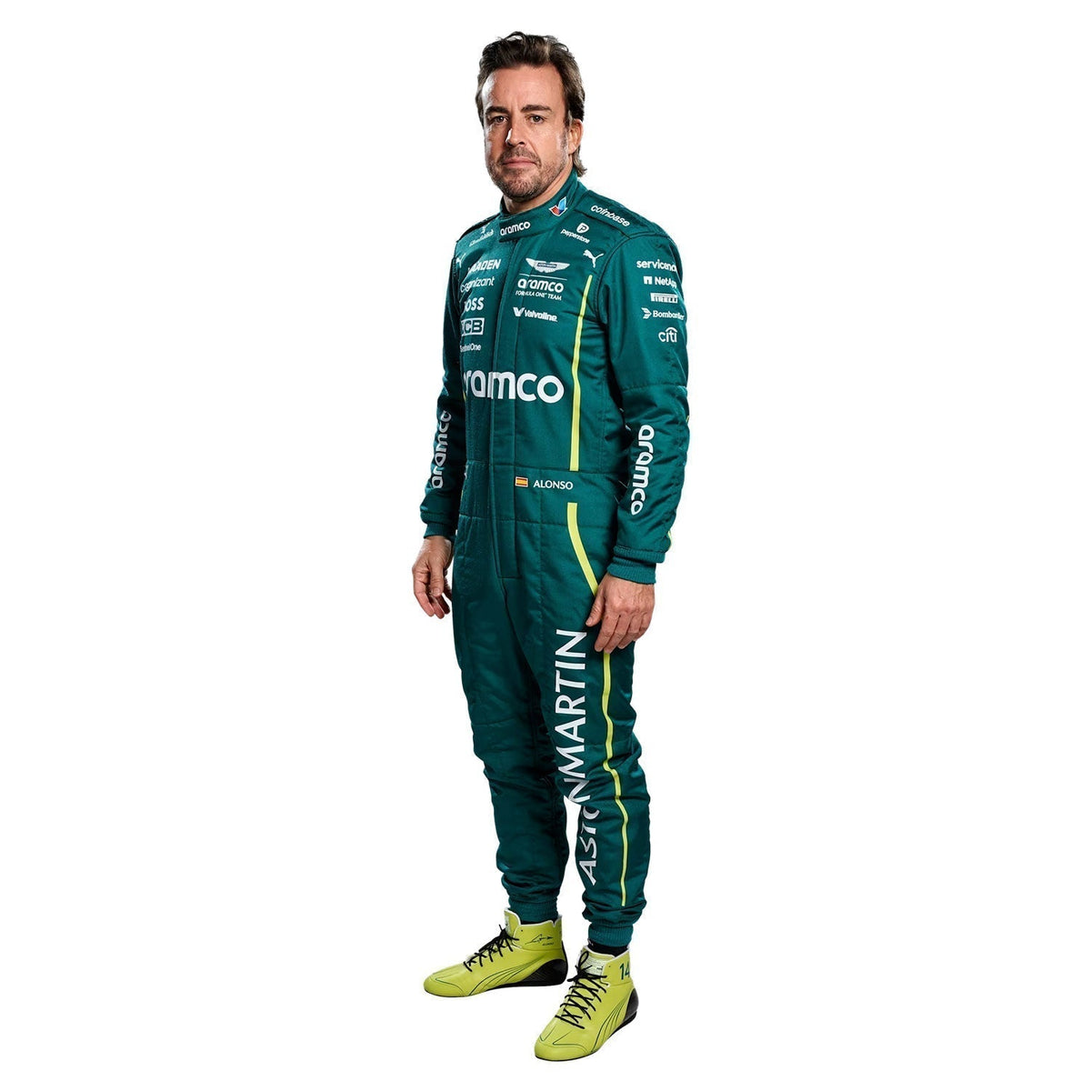 Printed Aston Martin 2025 racing outfit for Fernando Alonso fans, showing sharp sponsor-style graphics across the chest and sleeves. Stylish race day attire made for race weekends, kart track days and cosplay events alike.
