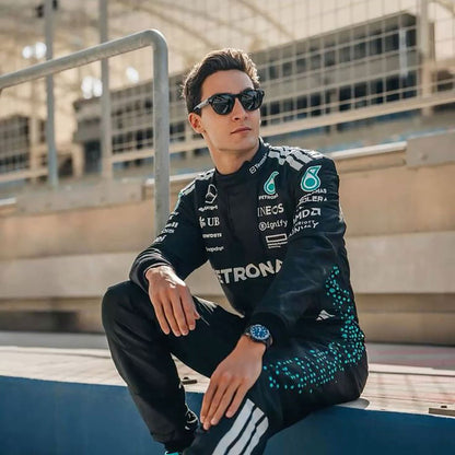 George Russell inspired motorsport jumpsuit, featuring layered stripes, driver name styling and contrast panels. Perfect grand prix attire for fans who want a race-ready look at the circuit or at home.