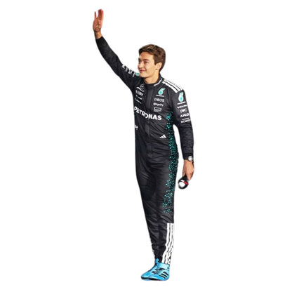 Mercedes race suit worn in George Russell style, presented with detailed logo placement along the arms and legs. Ideal F1 fan attire for supporters who want to wear the spirit of the grid on race day.