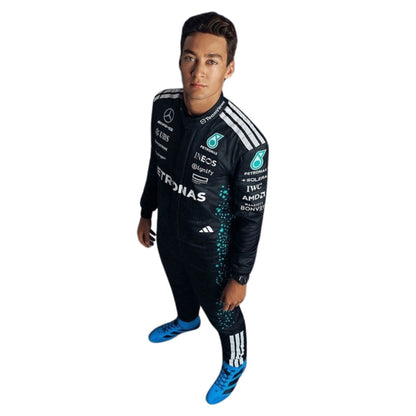 George Russell 2025 fan race suit, showcasing the full-length zip, shoulder epaulettes and race-day silhouette. A head-turning cosplay outfit for F1 conventions, parties and race day meetups.