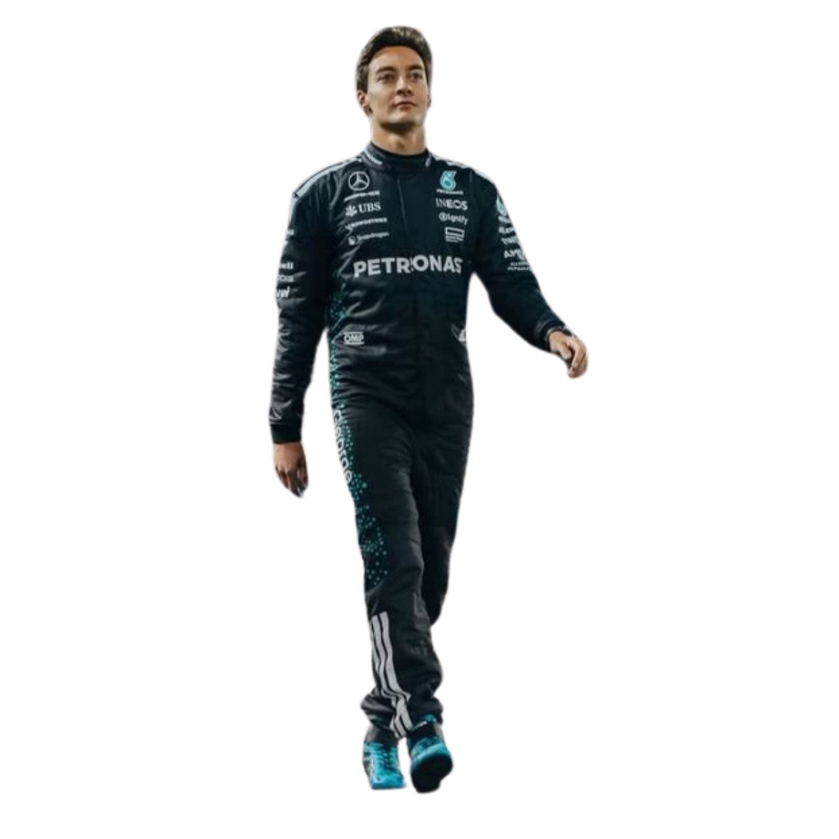 Printed Mercedes 2025 racing outfit for George Russell fans, revealing the flexible elastic panel and tailored motorsport fit. A comfortable racing jumpsuit for F1 fans, kart track days and themed parties.