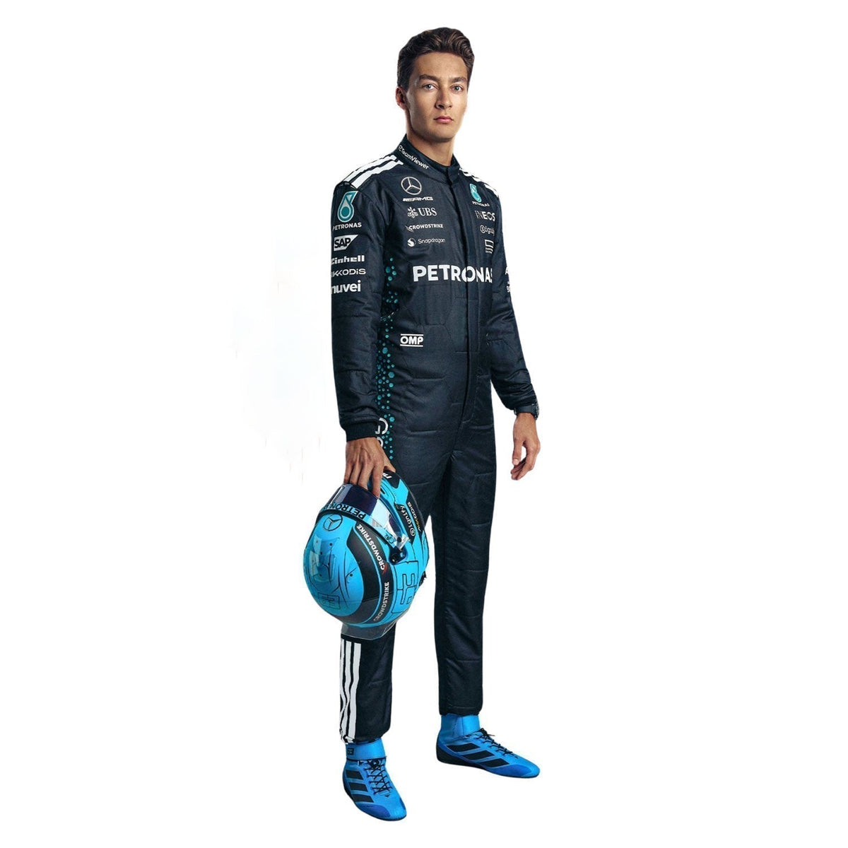 2025 George Russell F1 Racing Costume in Mercedes race styling, displaying the fitted one-piece cut with elasticated cuffs and a soft collar. An eye-catching cosplay outfit for watch parties, track days and motorsport meetups.