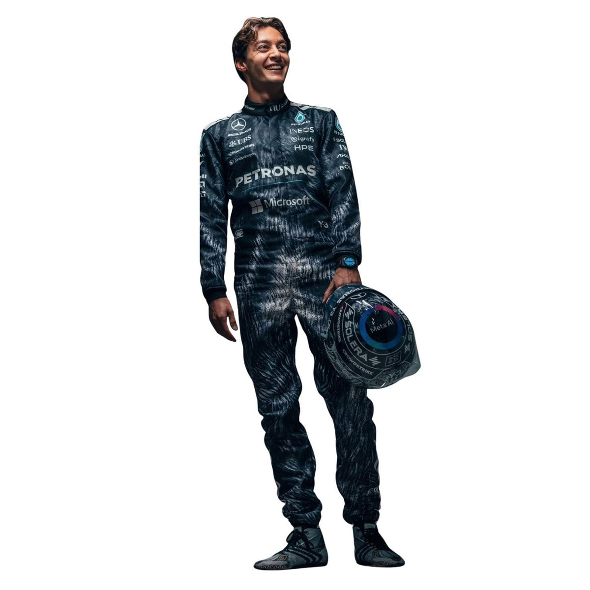 George Russell 2026 Japanese GP grand prix suit, displaying the fitted one-piece cut with elasticated cuffs and a soft collar. Racing attire built to turn heads in the grandstand, at the kart track or at a costume event.