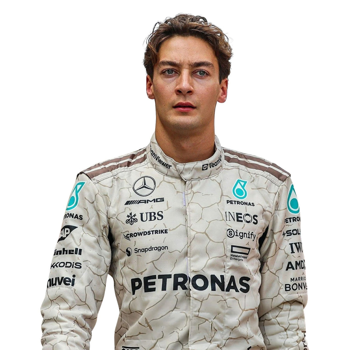 George Russell inspired motorsport jumpsuit, laid out to show the printed racing number, belt panel and stretch inserts. Ideal F1 fan attire for supporters who want to wear the spirit of the grid on race day.
