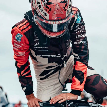 Printed Mercedes 2025 racing outfit for George Russell fans, presented with detailed logo placement along the arms and legs. Stylish racing attire for fans who want to dress like the grid on grand prix weekend.