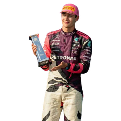 George Russell 2025 Miami GP racing costume, laid out to show the printed racing number, belt panel and stretch inserts. Perfect grand prix attire for fans who want a race-ready look at the circuit or at home.