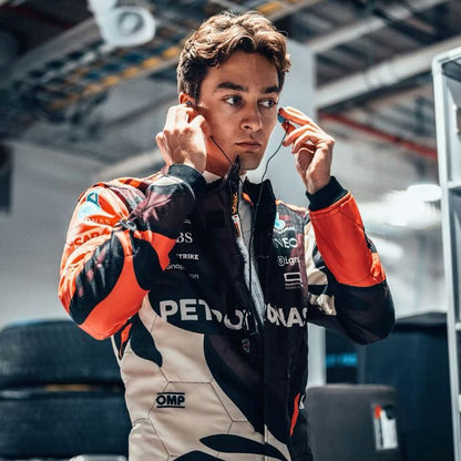 George Russell inspired motorsport jumpsuit, revealing the flexible elastic panel and tailored motorsport fit. Stylish race day attire made for race weekends, kart track days and cosplay events alike.