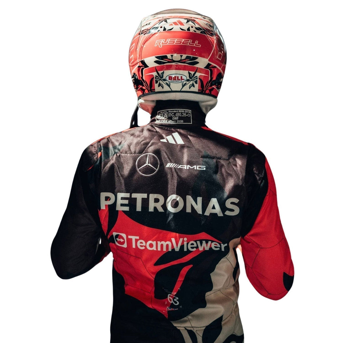 Mercedes race suit worn in George Russell style, highlighting bold colour blocking and crisp sublimated artwork. Racing attire built to turn heads in the grandstand, at the kart track or at a costume event.