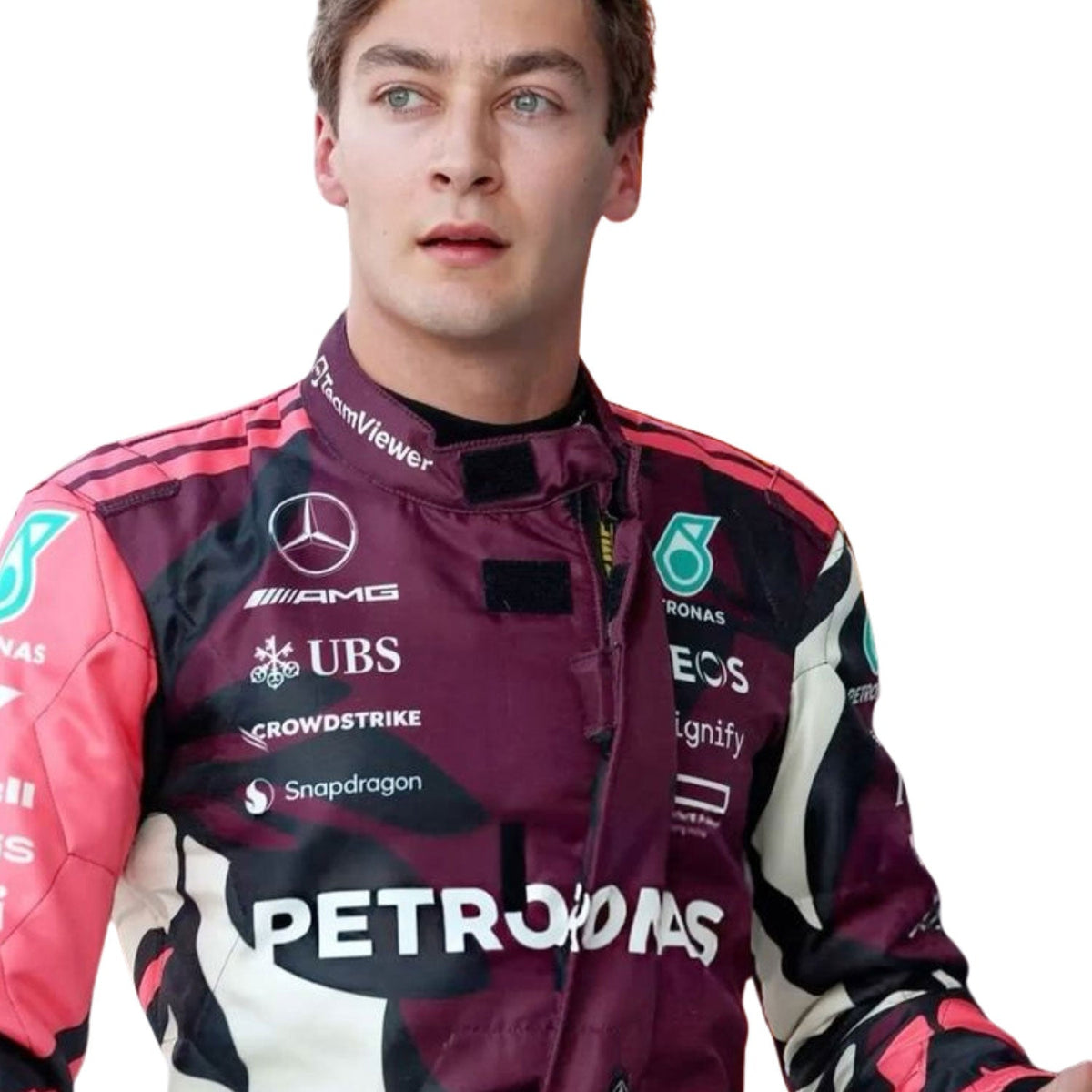 George Russell 2025 Miami GP grand prix suit, showcasing the full-length zip, shoulder epaulettes and race-day silhouette. A bold motorsport jumpsuit that makes a great cosplay outfit on grand prix weekend.