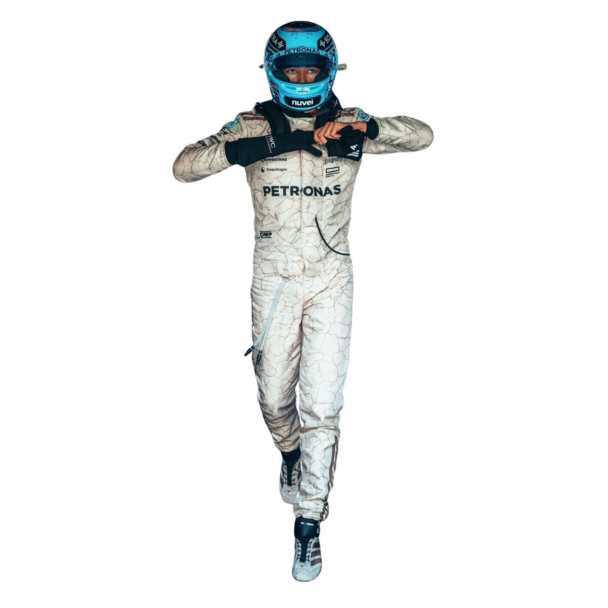George Russell 2025 fan race suit, shown as a complete two-layer racing costume ready for fans and karters. A bold motorsport jumpsuit that makes a great cosplay outfit on grand prix weekend.