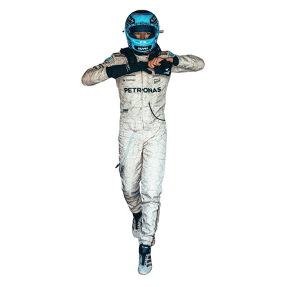 George Russell 2025 fan race suit, shown as a complete two-layer racing costume ready for fans and karters. A bold motorsport jumpsuit that makes a great cosplay outfit on grand prix weekend.