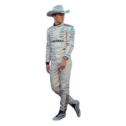 George Russell 2025 US GP Austin grand prix suit, showing sharp sponsor-style graphics across the chest and sleeves. An eye-catching cosplay outfit for watch parties, track days and motorsport meetups.