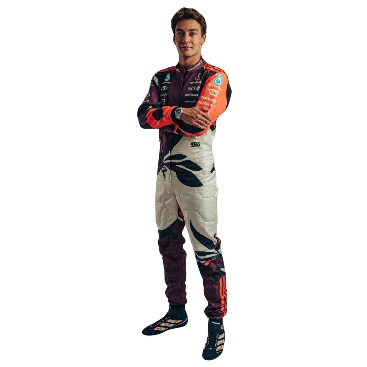 George Russell 2025 fan race suit, displaying the fitted one-piece cut with elasticated cuffs and a soft collar. A standout motorsport cosplay outfit and gift for any fan, karter or collector.