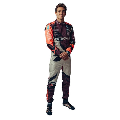 Replica F1 Race Suit George Russell Miami GP 2025 in Mercedes race styling, showing sharp sponsor-style graphics across the chest and sleeves. A great F1 cosplay outfit for fans heading to a grand prix, a karting session or a themed party.