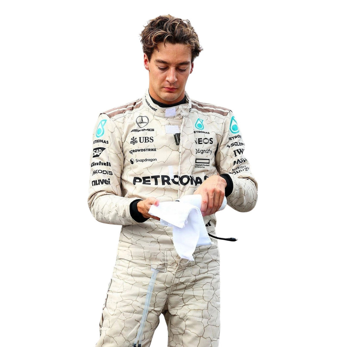 Replica Grand Prix Race Suit George Russell COTA 2025 in Mercedes race styling, featuring layered stripes, driver name styling and contrast panels. Stylish racing attire for fans who want to dress like the grid on grand prix weekend.