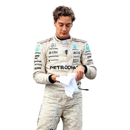 Replica Grand Prix Race Suit George Russell COTA 2025 in Mercedes race styling, featuring layered stripes, driver name styling and contrast panels. Stylish racing attire for fans who want to dress like the grid on grand prix weekend.