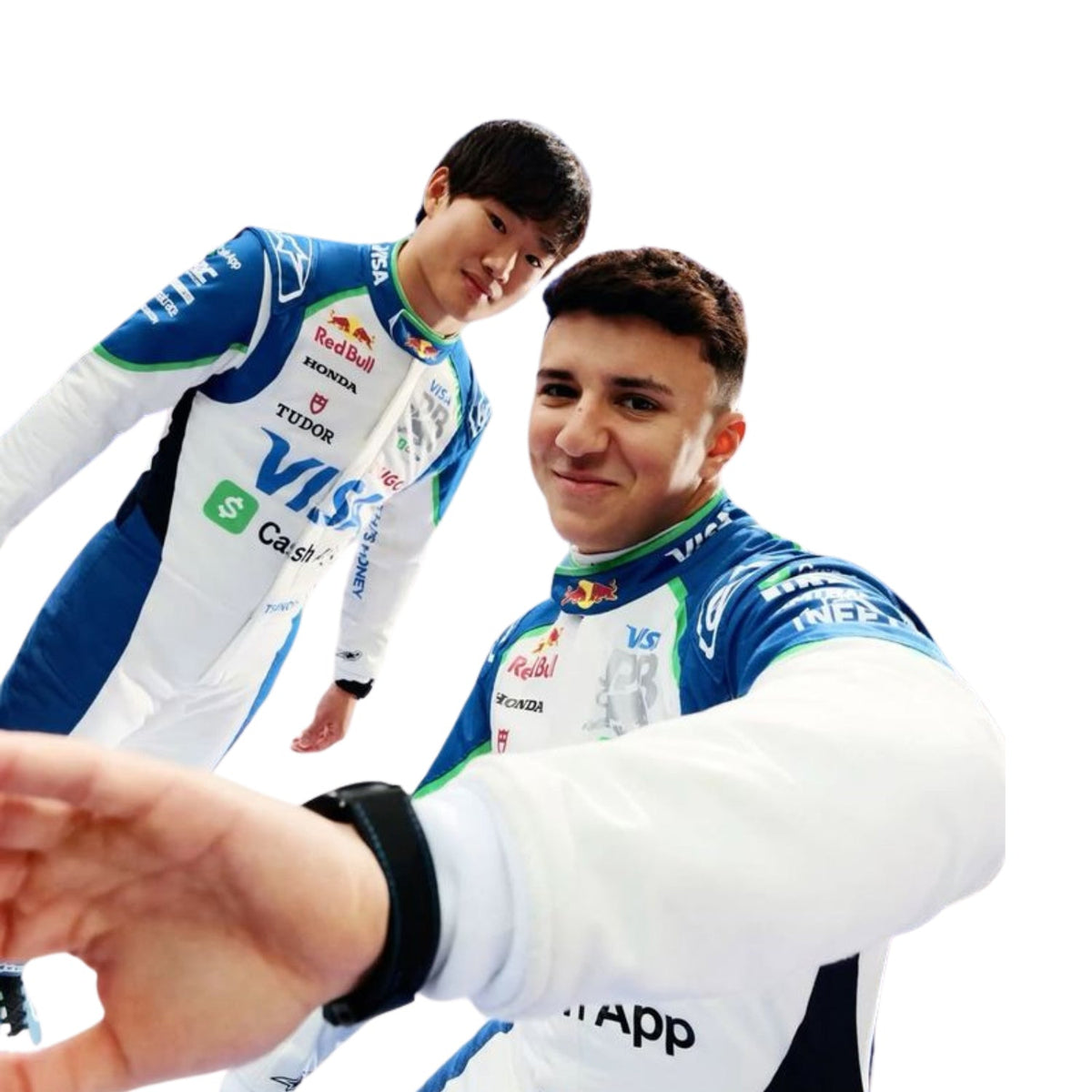 Racing Bulls race suit worn in Isack Hadjar style, shown as a complete two-layer racing costume ready for fans and karters. Stylish race day attire made for race weekends, kart track days and cosplay events alike.