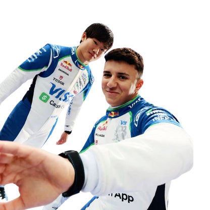 Racing Bulls race suit worn in Isack Hadjar style, shown as a complete two-layer racing costume ready for fans and karters. Stylish race day attire made for race weekends, kart track days and cosplay events alike.