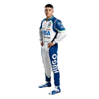 Race Suit Isack Hadjar F1 2025 in Racing Bulls race styling, revealing the flexible elastic panel and tailored motorsport fit. A standout motorsport cosplay outfit and gift for any fan, karter or collector.