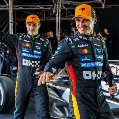Lando Norris inspired motorsport jumpsuit, laid out to show the printed racing number, belt panel and stretch inserts. An eye-catching cosplay outfit for watch parties, track days and motorsport meetups.