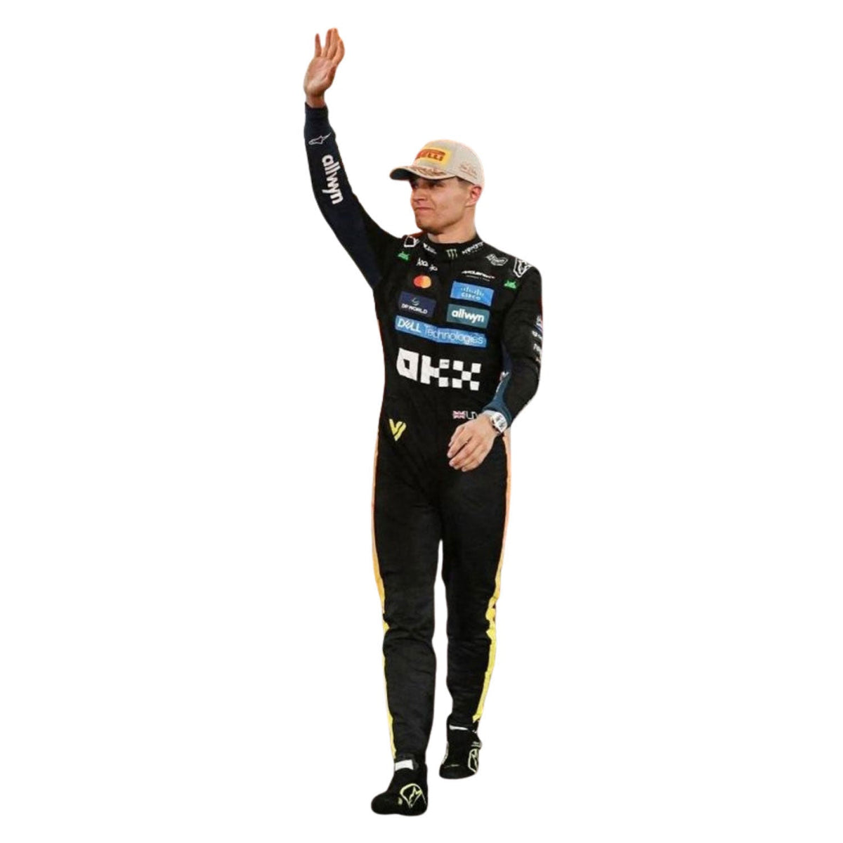 McLaren race suit worn in Lando Norris style, highlighting bold colour blocking and crisp sublimated artwork. A standout motorsport cosplay outfit and gift for any fan, karter or collector.