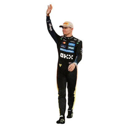 McLaren race suit worn in Lando Norris style, highlighting bold colour blocking and crisp sublimated artwork. A standout motorsport cosplay outfit and gift for any fan, karter or collector.