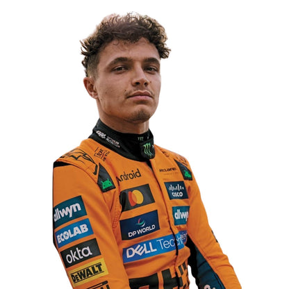 Lando Norris 2025 season grand prix suit, highlighting bold colour blocking and crisp sublimated artwork. A comfortable racing jumpsuit for F1 fans, kart track days and themed parties.