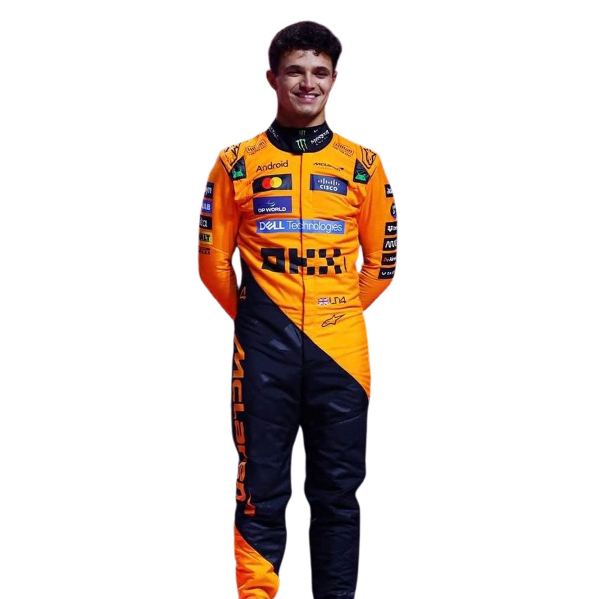Lando Norris inspired motorsport jumpsuit, featuring layered stripes, driver name styling and contrast panels. A bold motorsport jumpsuit that makes a great cosplay outfit on grand prix weekend.