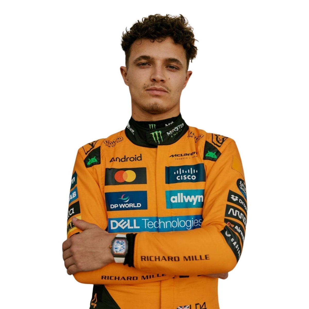 Lando Norris 2025 season racing costume, shown as a complete two-layer racing costume ready for fans and karters. Stylish race day attire made for race weekends, kart track days and cosplay events alike.