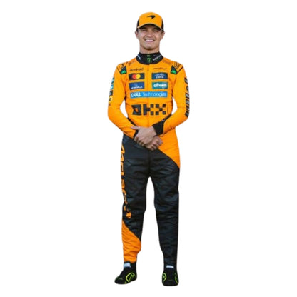 McLaren race suit worn in Lando Norris style, capturing the smooth Cordura outer shell and clean printed finish. An eye-catching cosplay outfit for watch parties, track days and motorsport meetups.