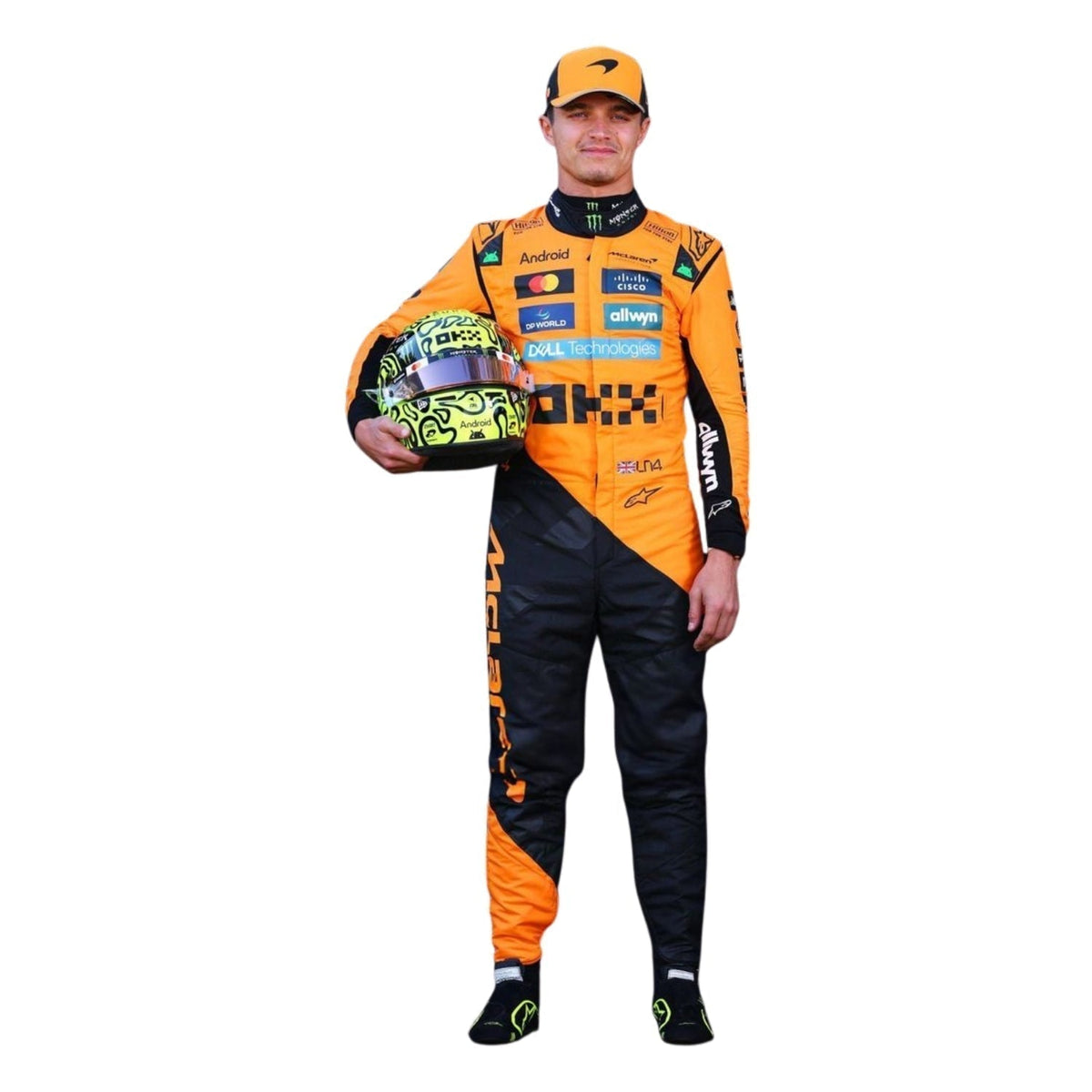 Printed McLaren 2025 racing outfit for Lando Norris fans, laid out to show the printed racing number, belt panel and stretch inserts. A head-turning cosplay outfit for F1 conventions, parties and race day meetups.