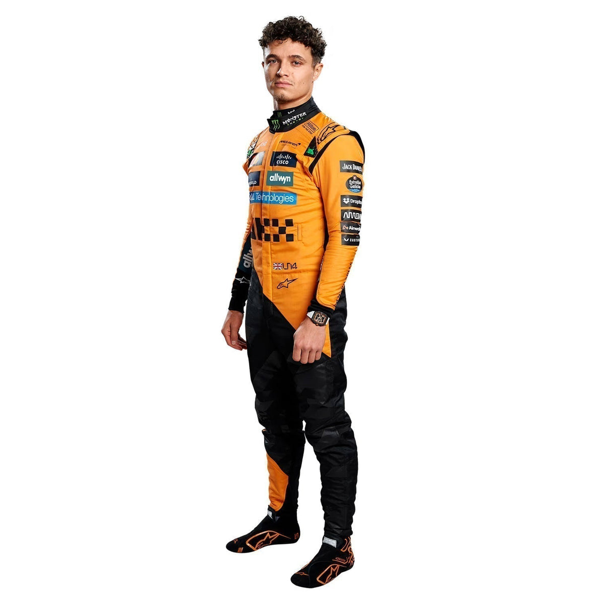 Replica Race Suit Lando Norris F1 2025 in McLaren race styling, revealing the flexible elastic panel and tailored motorsport fit. A standout motorsport cosplay outfit and gift for any fan, karter or collector.