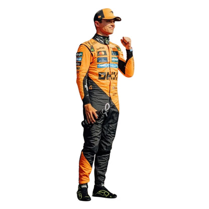 Lando Norris 2025 fan race suit, showing sharp sponsor-style graphics across the chest and sleeves. Ideal F1 fan attire for supporters who want to wear the spirit of the grid on race day.