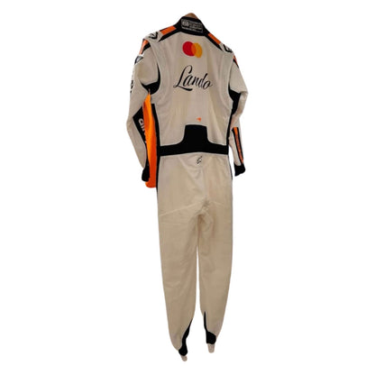 Lando Norris inspired motorsport jumpsuit, laid out to show the printed racing number, belt panel and stretch inserts. A head-turning cosplay outfit for F1 conventions, parties and race day meetups.