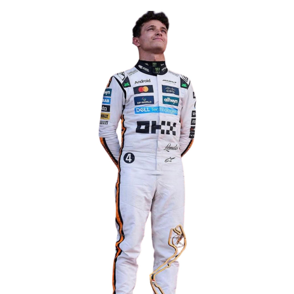 McLaren race suit worn in Lando Norris style, featuring layered stripes, driver name styling and contrast panels. A bold motorsport jumpsuit that makes a great cosplay outfit on grand prix weekend.