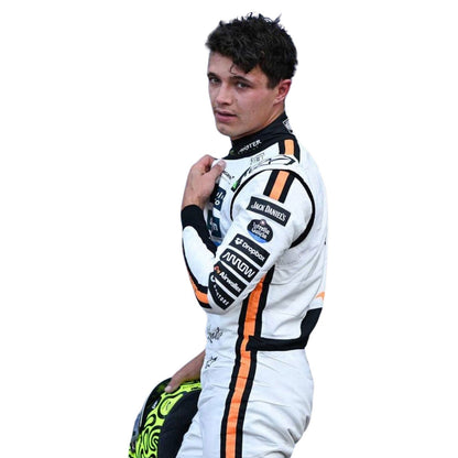 Lando Norris 2025 fan race suit, shown as a complete two-layer racing costume ready for fans and karters. Stylish race day attire made for race weekends, kart track days and cosplay events alike.